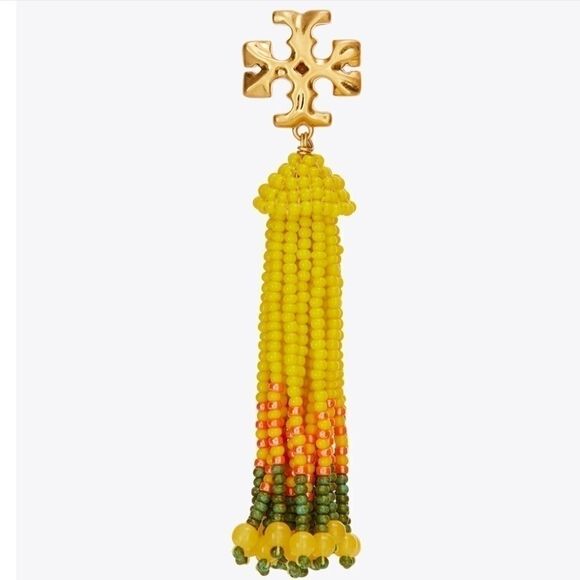 NWT TORY BURCH ROXANNE BEADED TASSEL EARRING GOLD/YELLOW BEADS - Picture 2 of 7